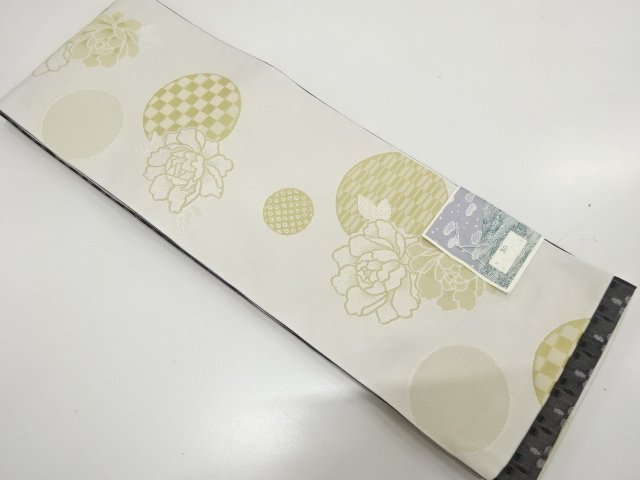 JAPANESE KIMONO / UNUSED REVERSIBLE HANHABA OBI WOVEN / PEONY / POLKA 